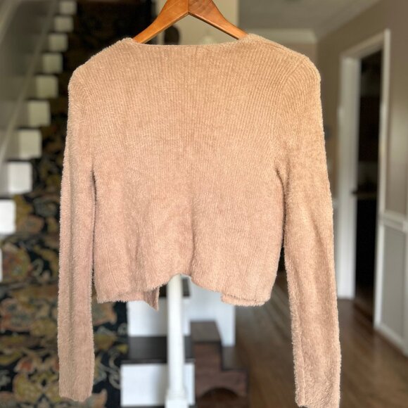 HYFVE Tan Teddy Bear Knit Fuzzy Open Cardigan Cropped Sweater Womens Size Large - Picture 3 of 8